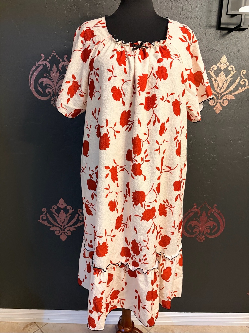 Girls' Red Floral Ivory Peasant Dress